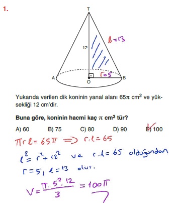 Acil Matematik Geometri Soru Bankasi Kati Cisimler Koni Test 1 A Cozumleri Matematik Kitap Cozumleri Matematik Kalesi